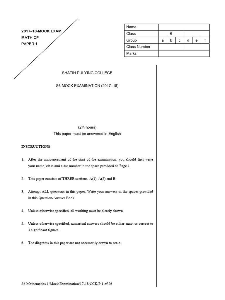S6 Mathematics Mock Exam Paper 1 | PDF | Mathematics | Geometry