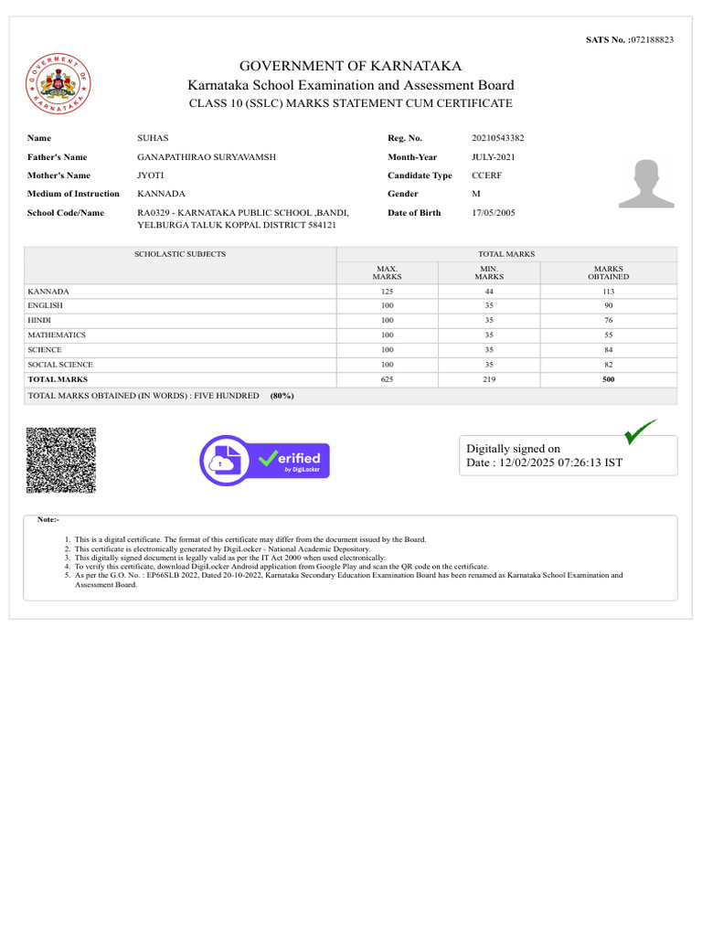 Class 10 Marks Certificate - Karnataka | PDF