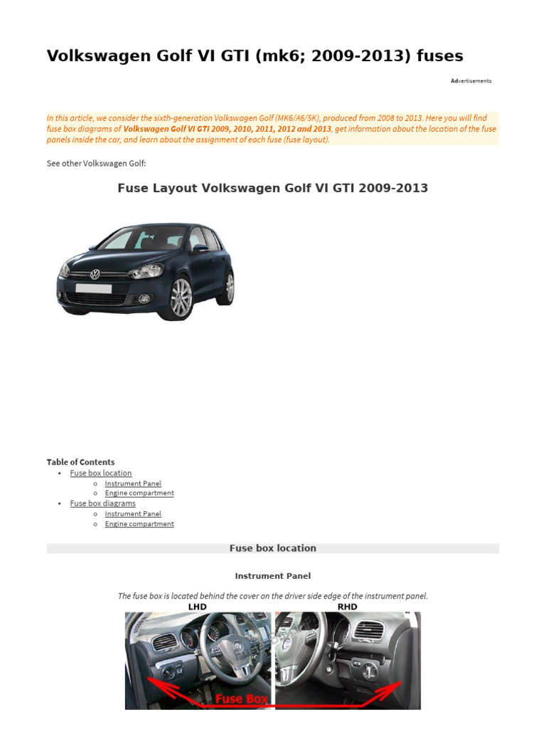 cigarette lighter vw golf mk6 fuse box diagram Volkswagen 6 GTI (mk6, Type 5K; 2008 - 2012) - and relay VW Golf 12 Volt Fuse