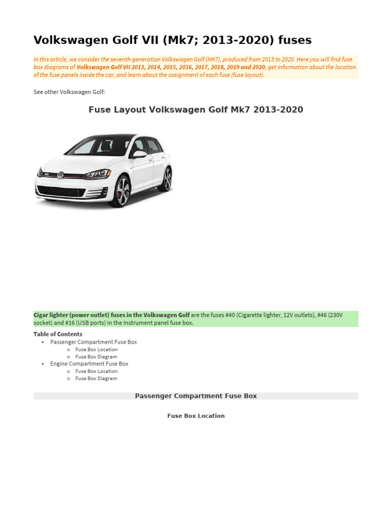 Volkswagen Golf VII (Mk7 2013-2020) Fuses | PDF | Anti Lock Braking ...