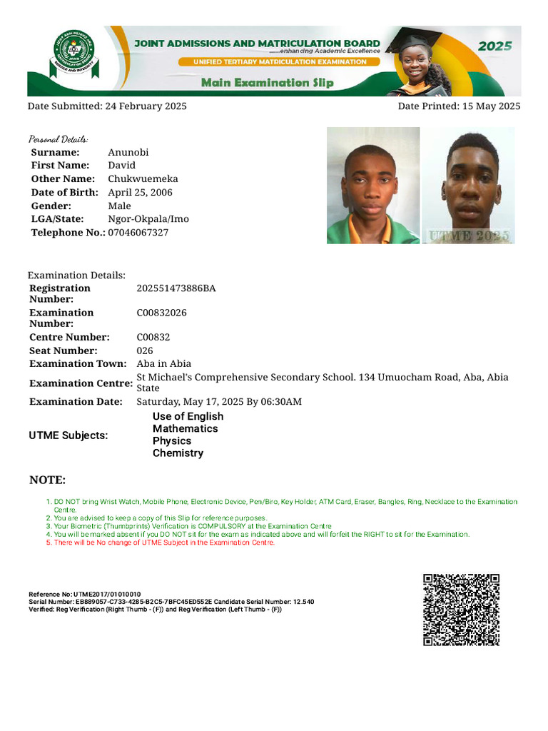 UTME Examination Registration Slip 2025 | PDF