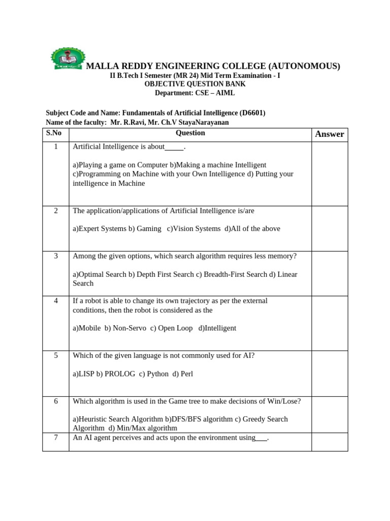 AI Fundamentals Mid Term Question Bank | PDF | Artificial Intelligence ...