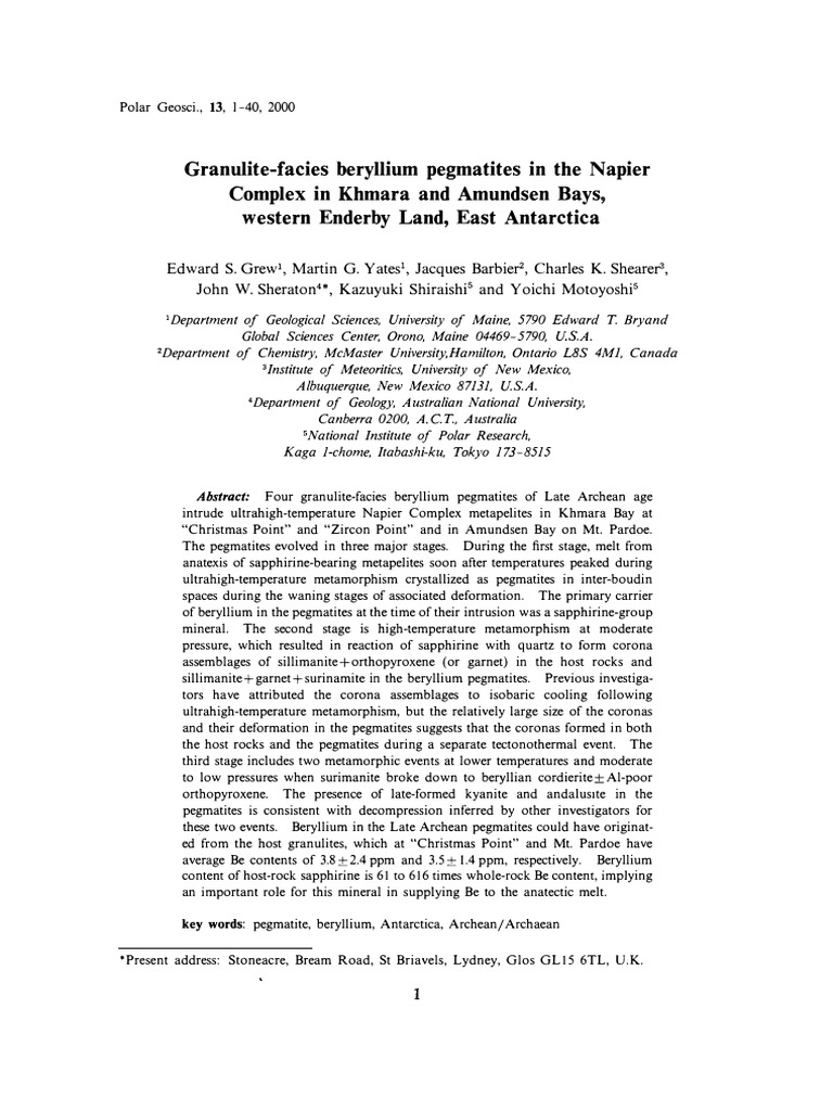 Be Pegmatites of Granulite Terrain Antarctica | PDF | Petrology | Minerals