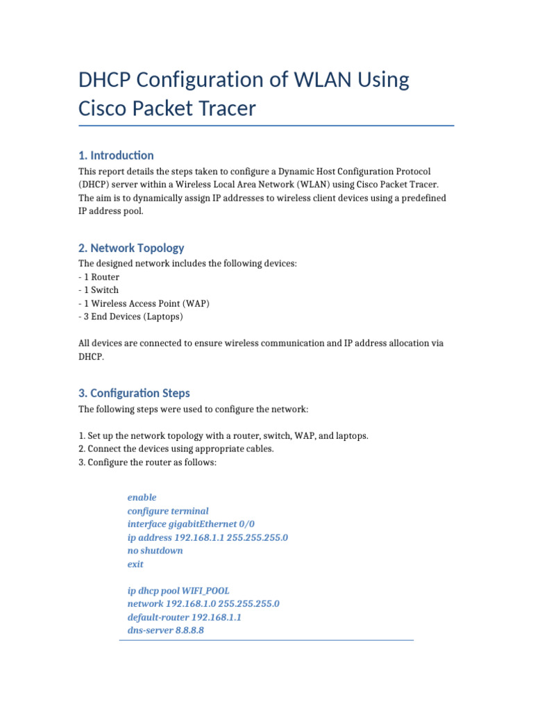 DHCP Setup for WLAN in Cisco Packet Tracer | PDF