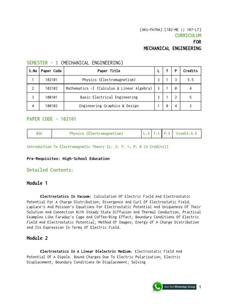 Mechanical Engineering Semester I Curriculum | PDF | Magnetic Field ...