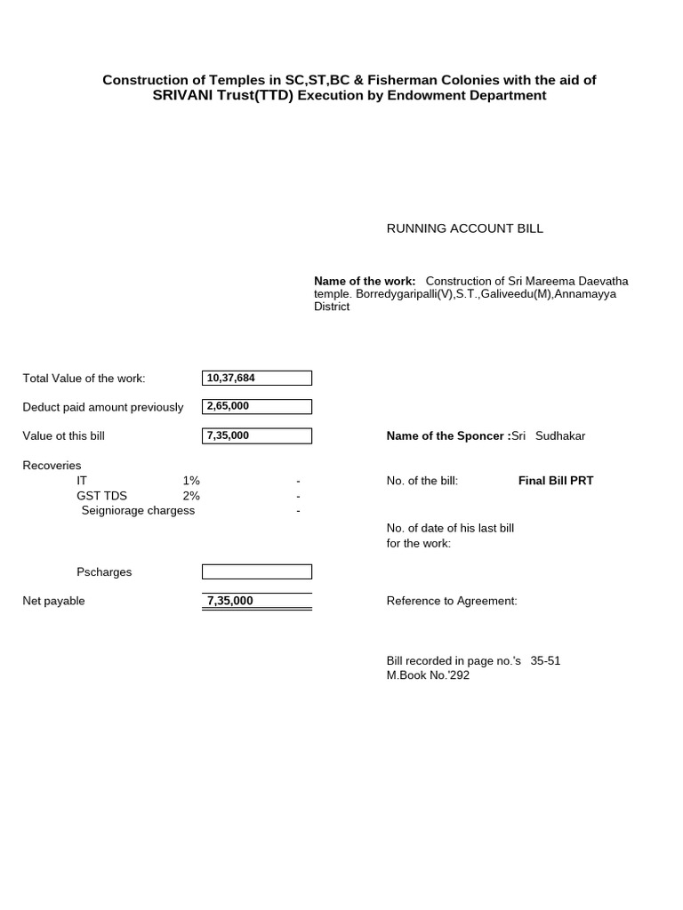 Running Account Bill for Temple Construction | PDF | Construction ...