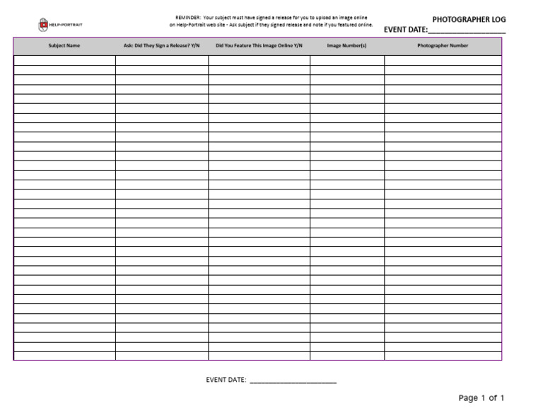 Photographer Image Log GENERIC | PDF