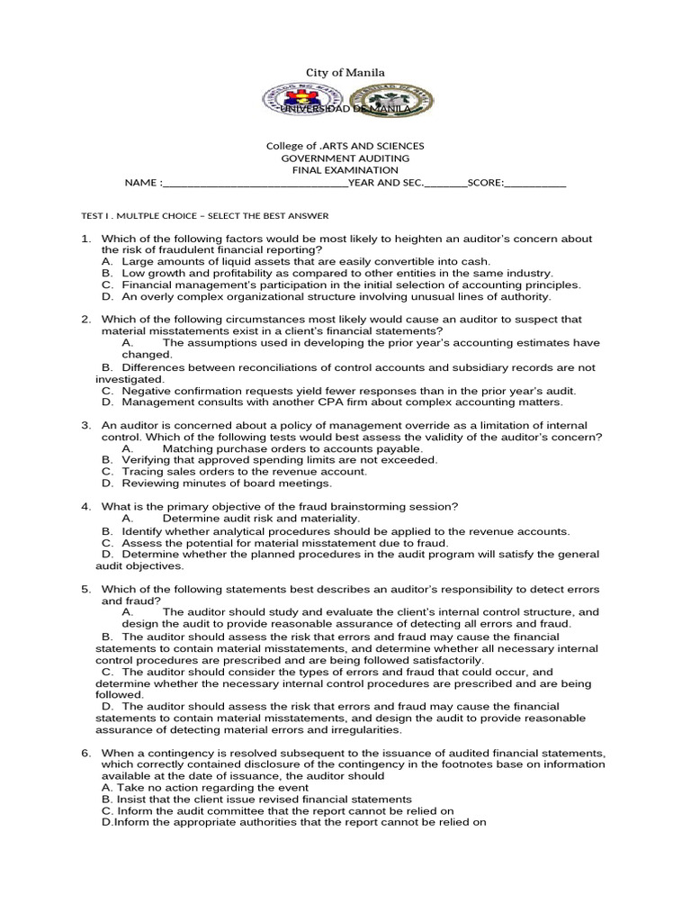 Final Exam Gov. Auditing - Spa 7.22.21 | PDF | Audit | Internal Control