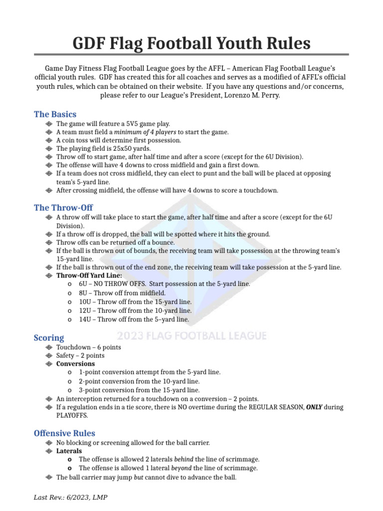 GDF Youth Flag Football Rules Guide | PDF | Touchdown | Quarterback