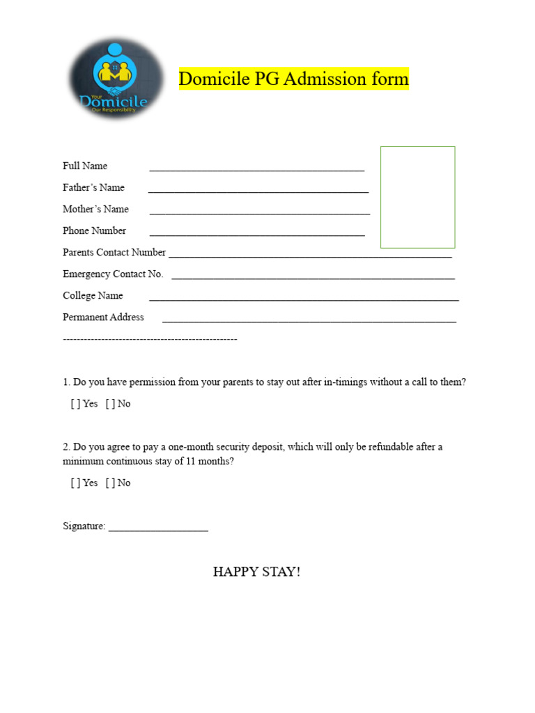Domicile PG Admission Form Template | PDF