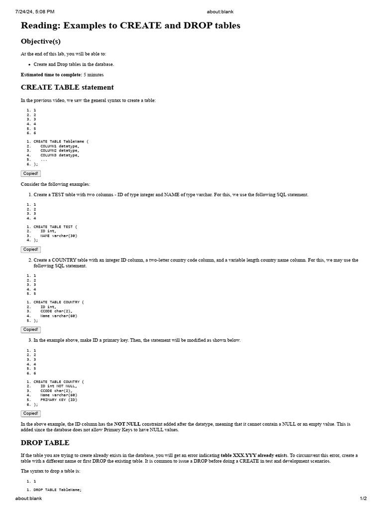 Create and Drop SQL Tables Guide | PDF | Table (Database) | Computer Data