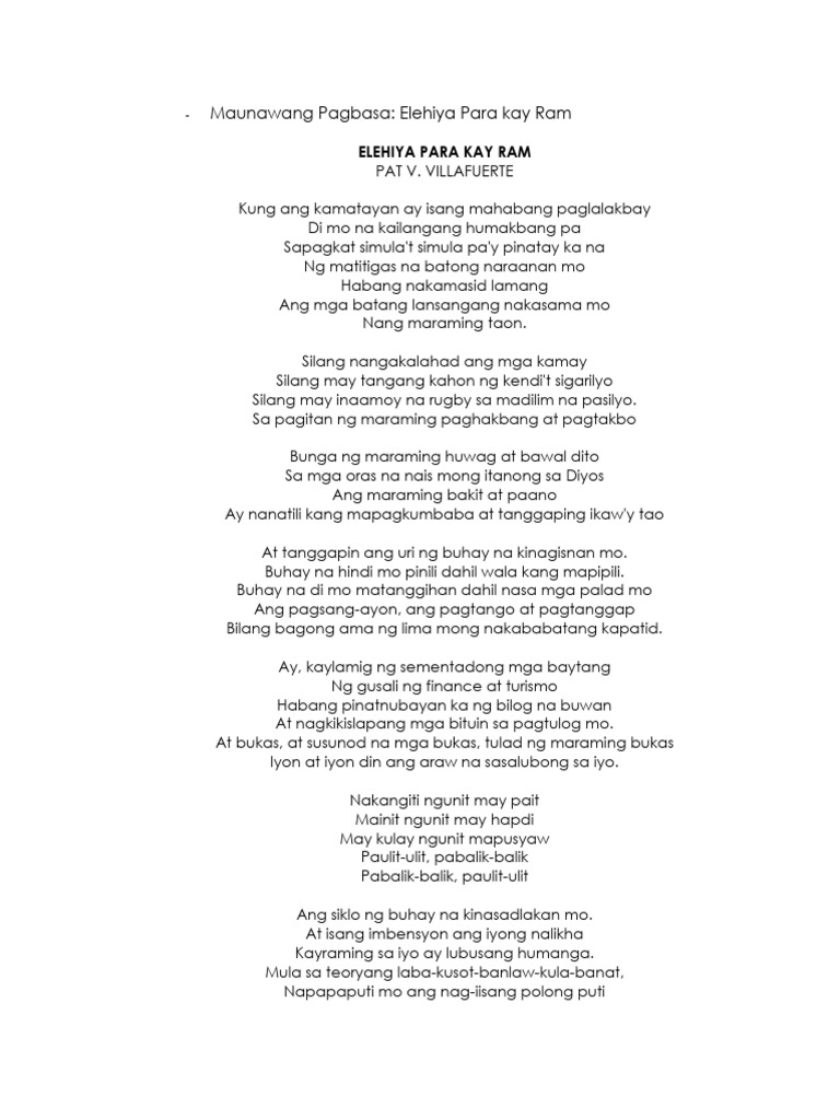 Elehiya para Kay Ram Week 4 | PDF