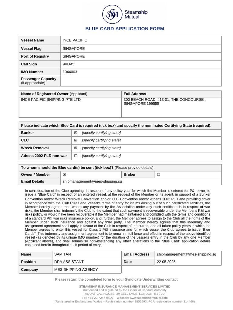 Blue Card Application for INCE PACIFIC | PDF | Insurance | Business Law