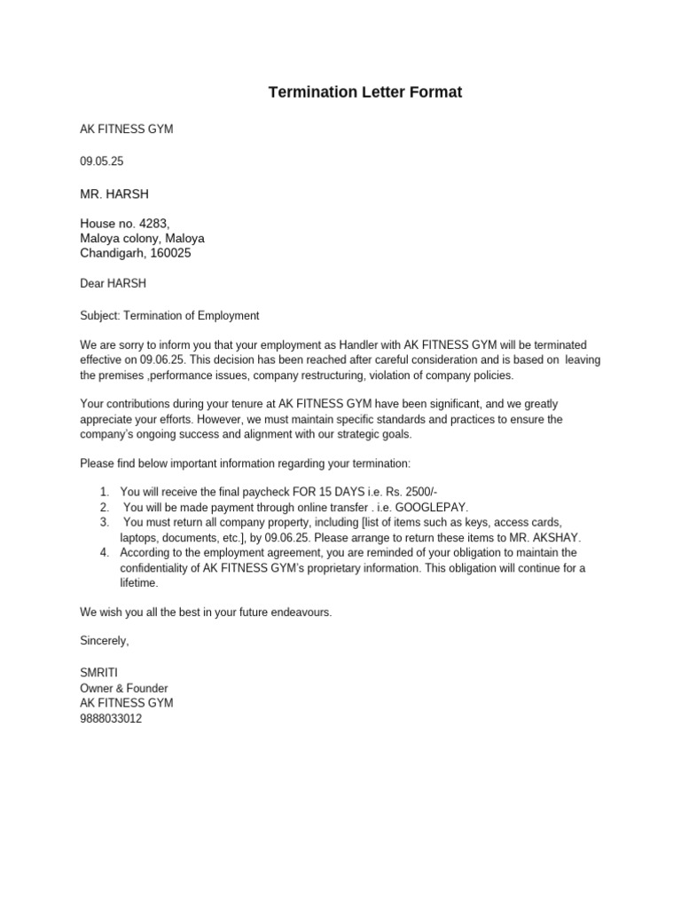 Termination Letter Format | PDF
