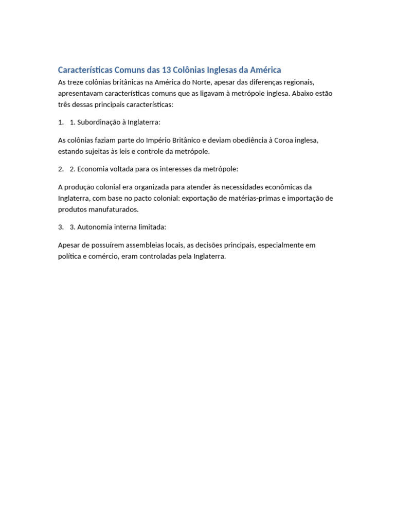 Características das 13 Colônias Inglesas | PDF