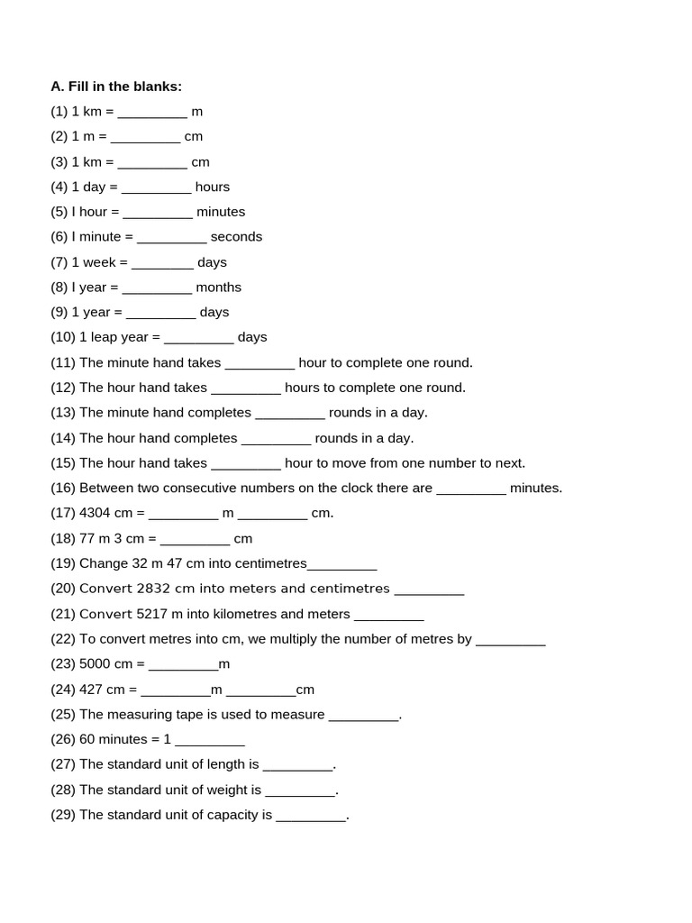 Class 3 Measurement Practice Questions | PDF | Metre | Physical Quantities