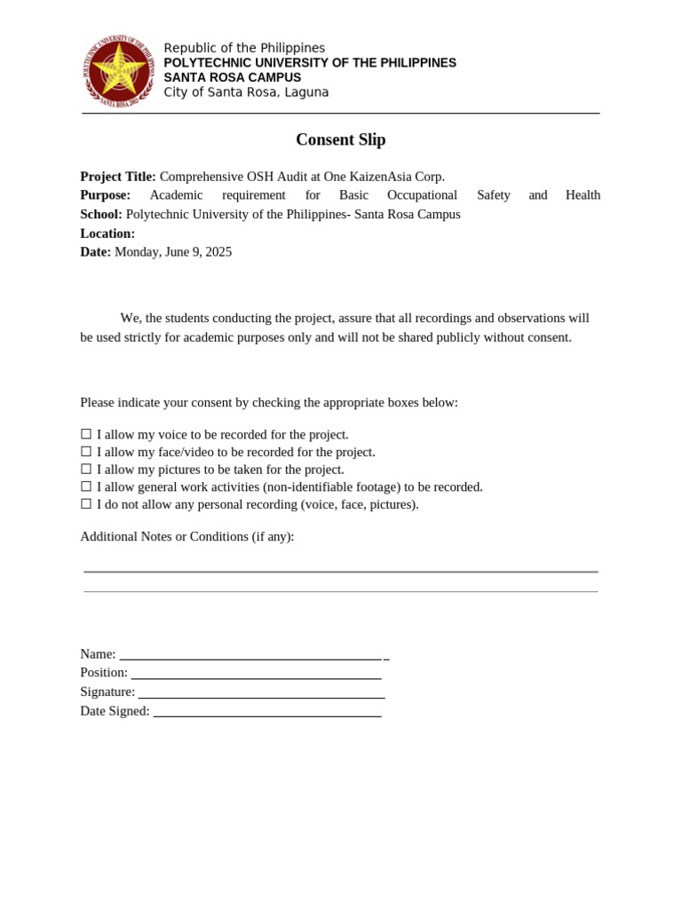 OSH Audit Consent Slip Template | PDF