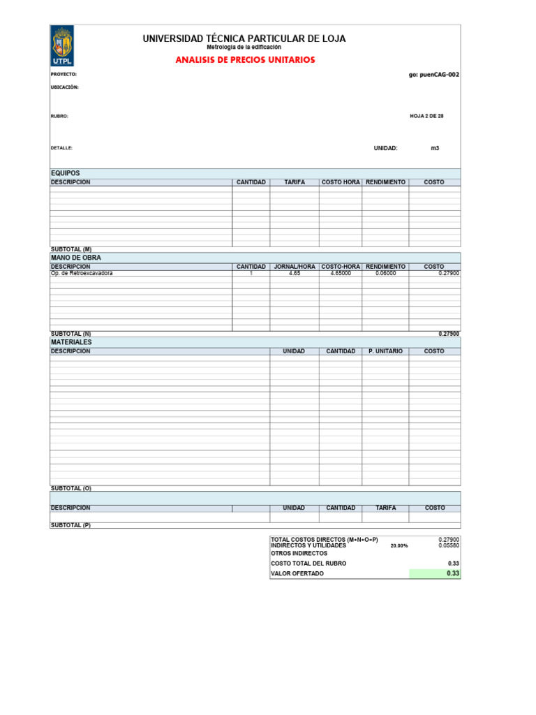 Análisis de Precios Unitarios APU Blanco | PDF