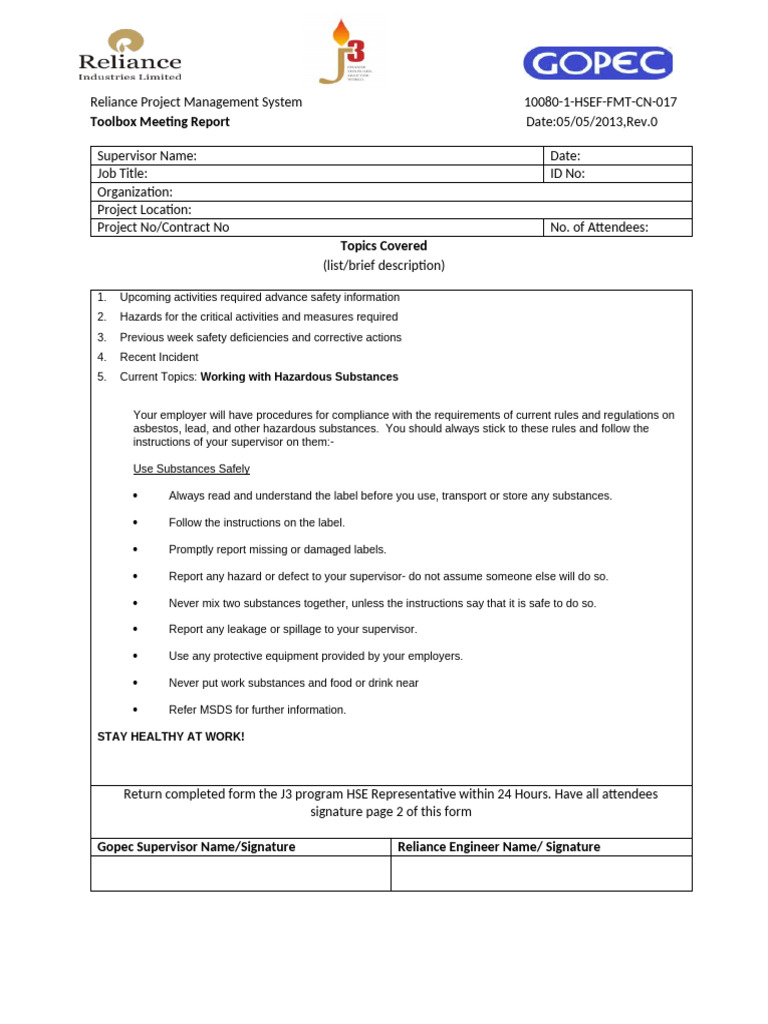 Toolbox Meeting Report on Safety Practices | PDF | Labor Relations ...