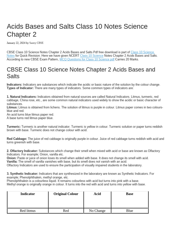 Class 10 Acids, Bases, and Salts Notes | PDF | Acid | Hydroxide