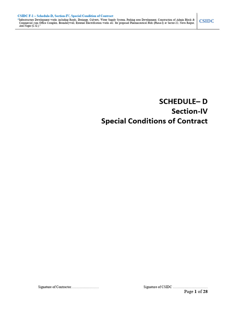 SCH D Section IV Special Condition of Contract | PDF | Indemnity | Parking