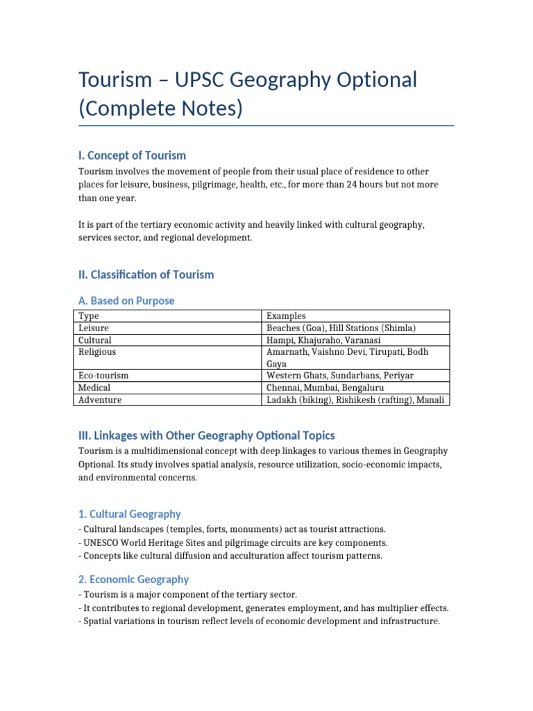 UPSC Geography: Tourism Notes | PDF | Tourism | Geography