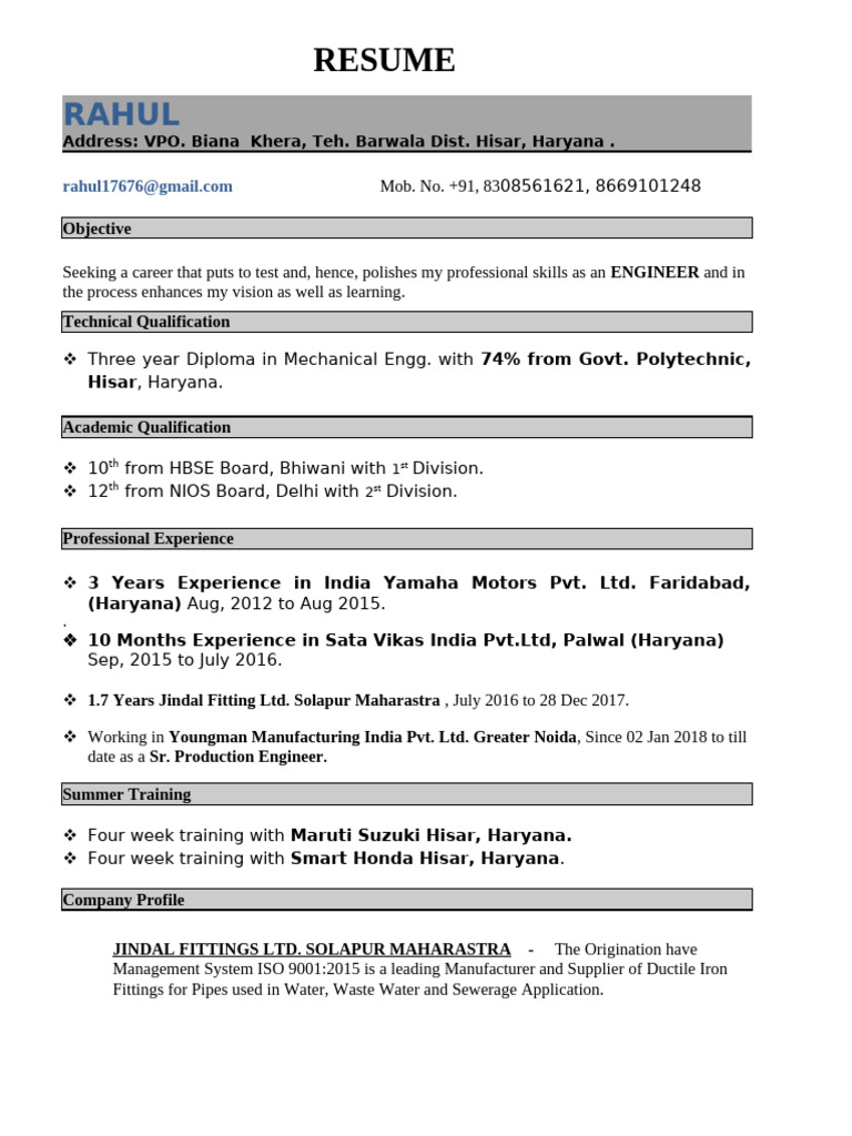 Rahul, 202011, Rewari, 8 Yrs | PDF | Business | Production And ...