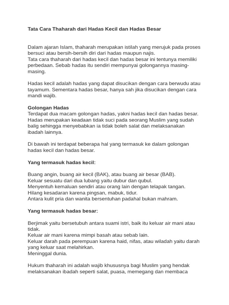 Tata Cara Thaharah Hadas Kecil dan Besar | PDF