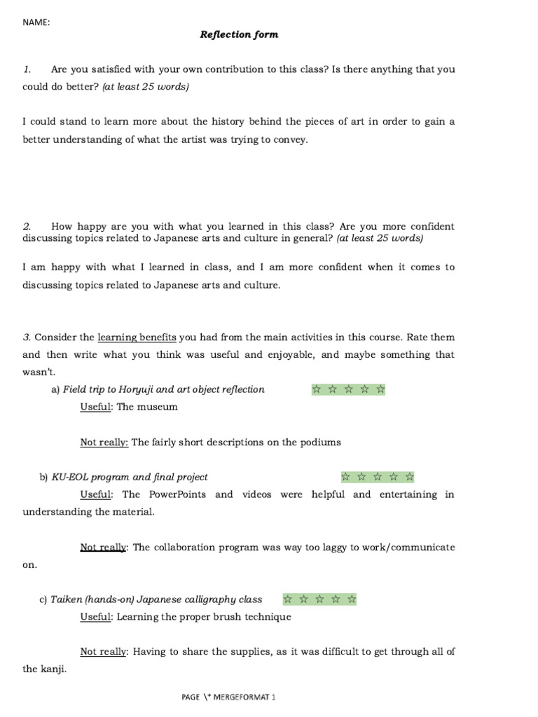 15 Reflection Form | PDF