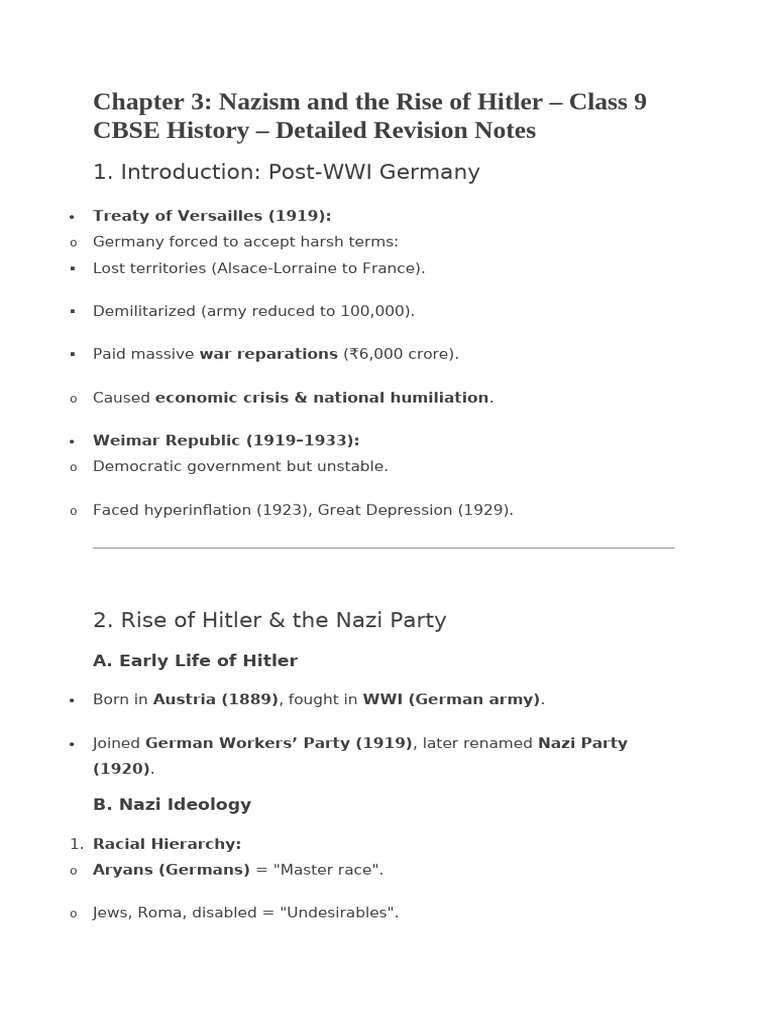 Nazism and Hitler's Rise: CBSE Class 9 Notes | PDF | Nazi Germany ...