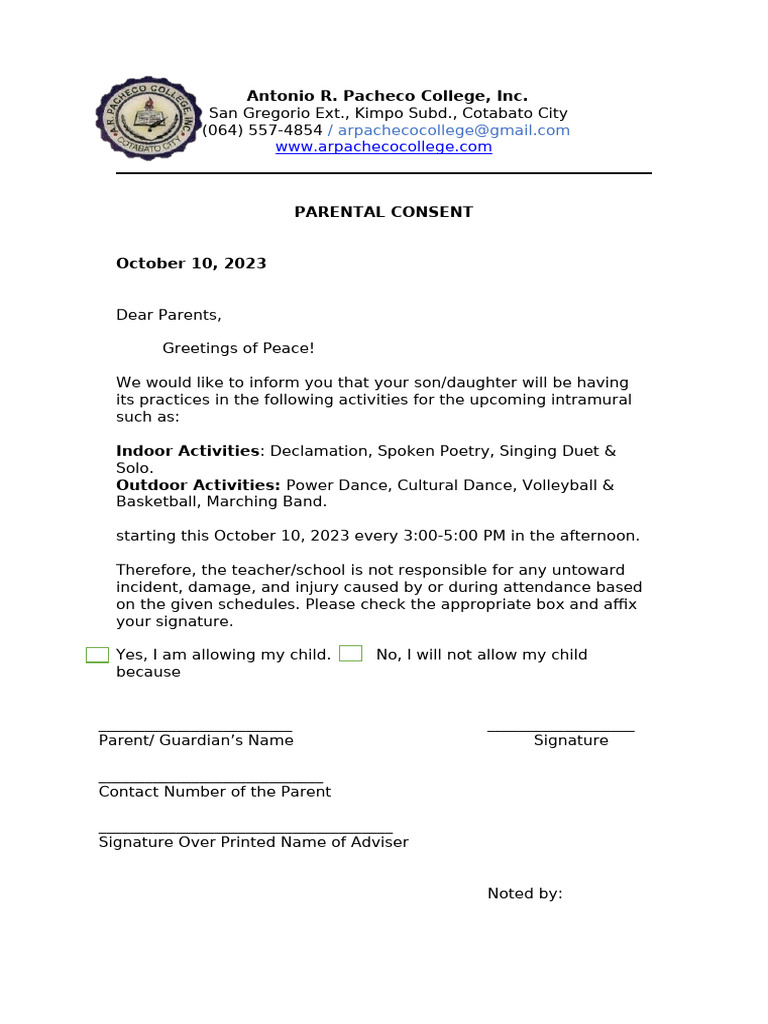 Parental Consent for Intramurals | PDF