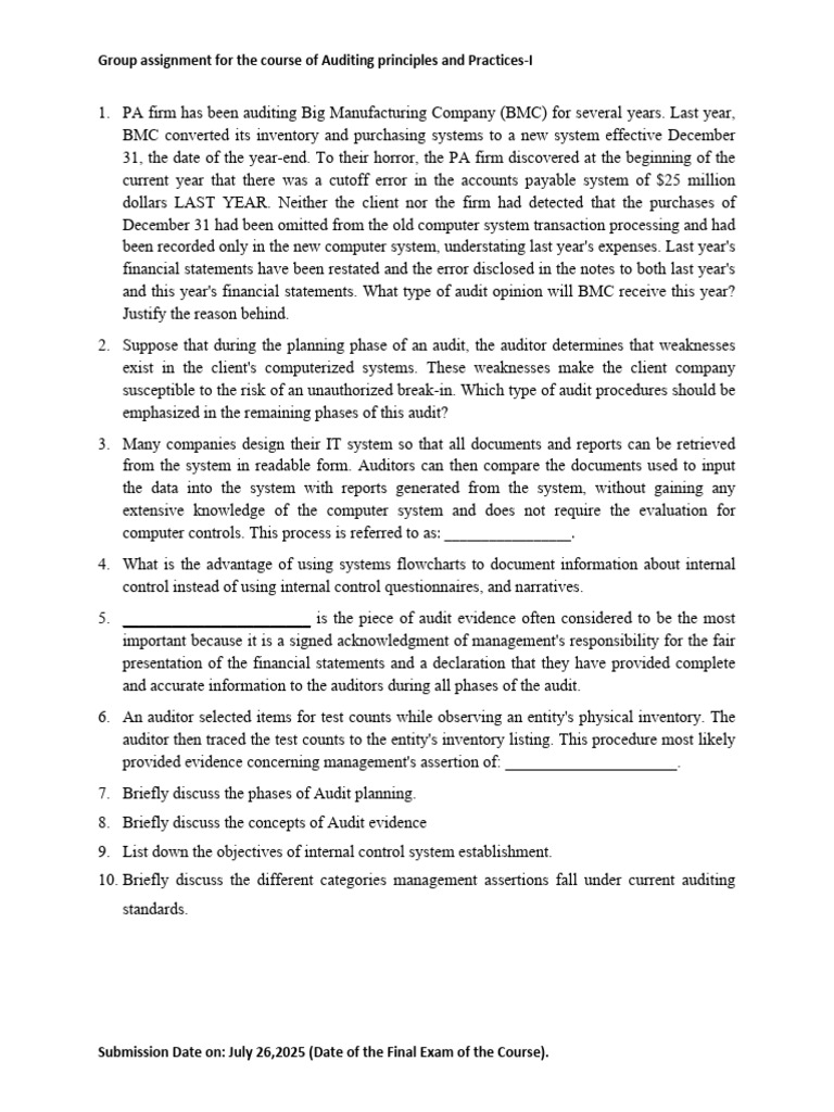 Auditing Principles Group Assignment Guide | PDF | Audit | Internal Control