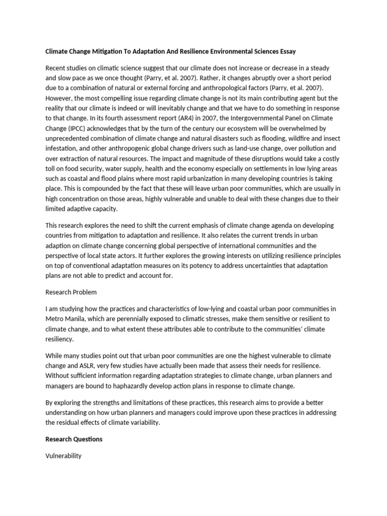 Climate Change Mitigation To Adaptation and Resilience Environmental ...