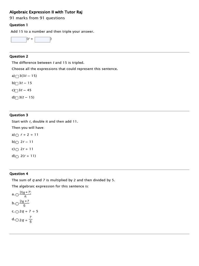 Question Algebraic Expression II With Tutor Raj | PDF | Length | Fahrenheit