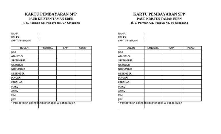 Kartu Pembayaran SPP PAUD Taman Eden | PDF