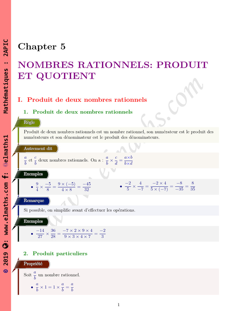 Nombres rationnels : Produit et Quotient | PDF | Nombre rationnel ...