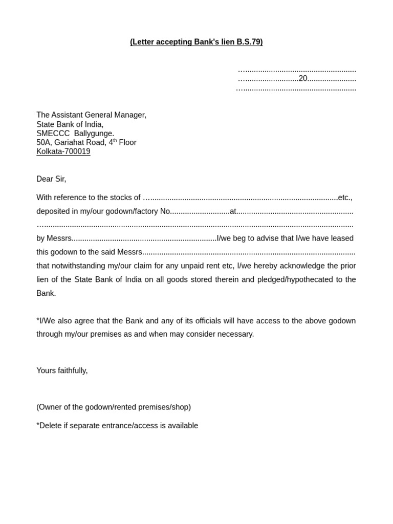 SBI Lien Acknowledgment Letter B.S.79 | PDF