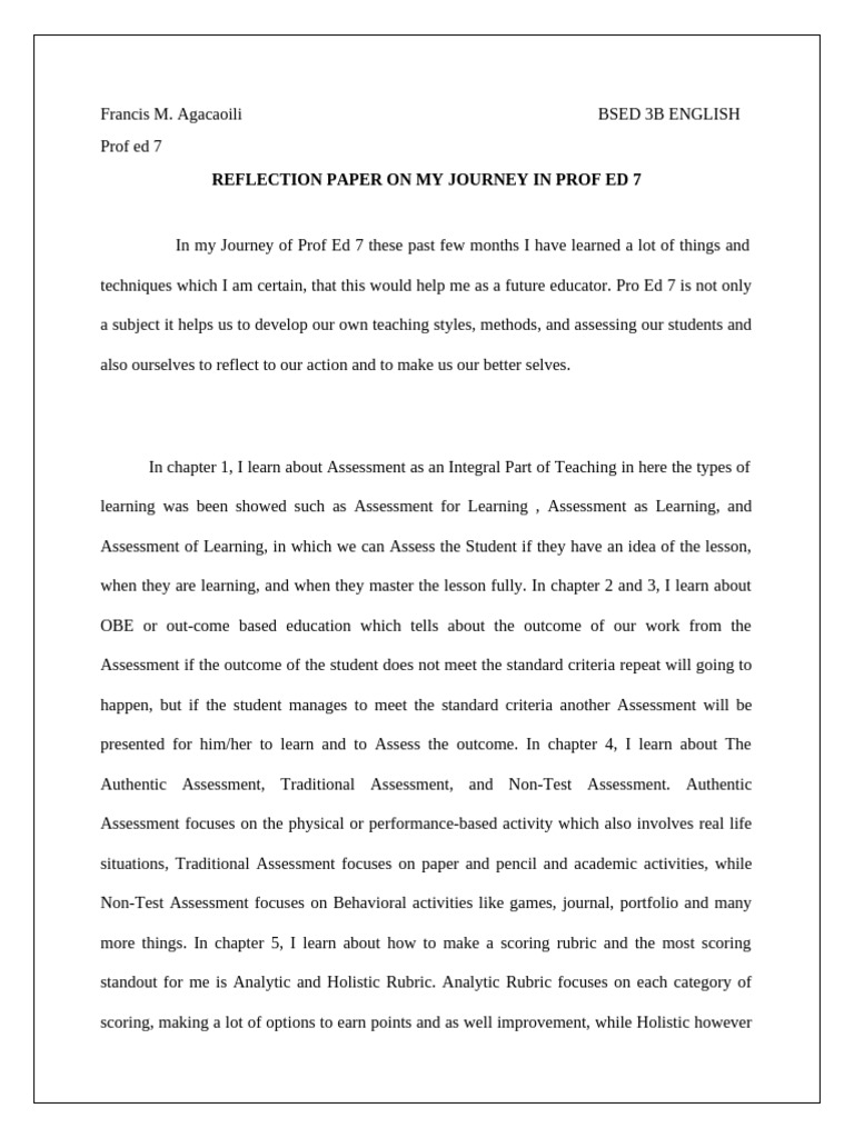 Reflection Paper of My Journey in Prof Ed 7 | PDF | Learning ...