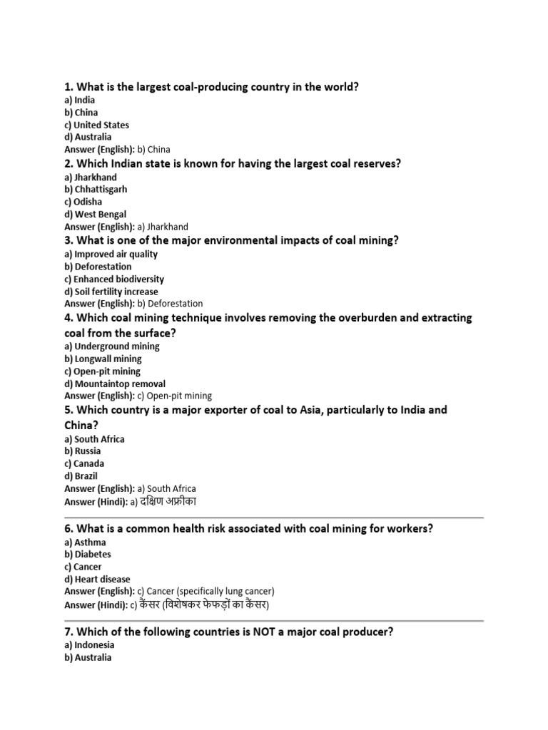 Questin Sheet | PDF | Coal | Coal Mining