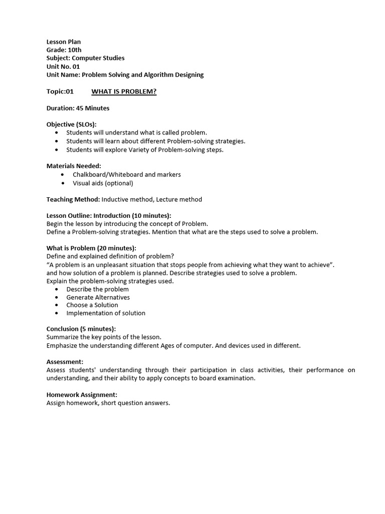 Computer Class 10: Problem Solving & Algorithms | PDF | Lesson Plan ...
