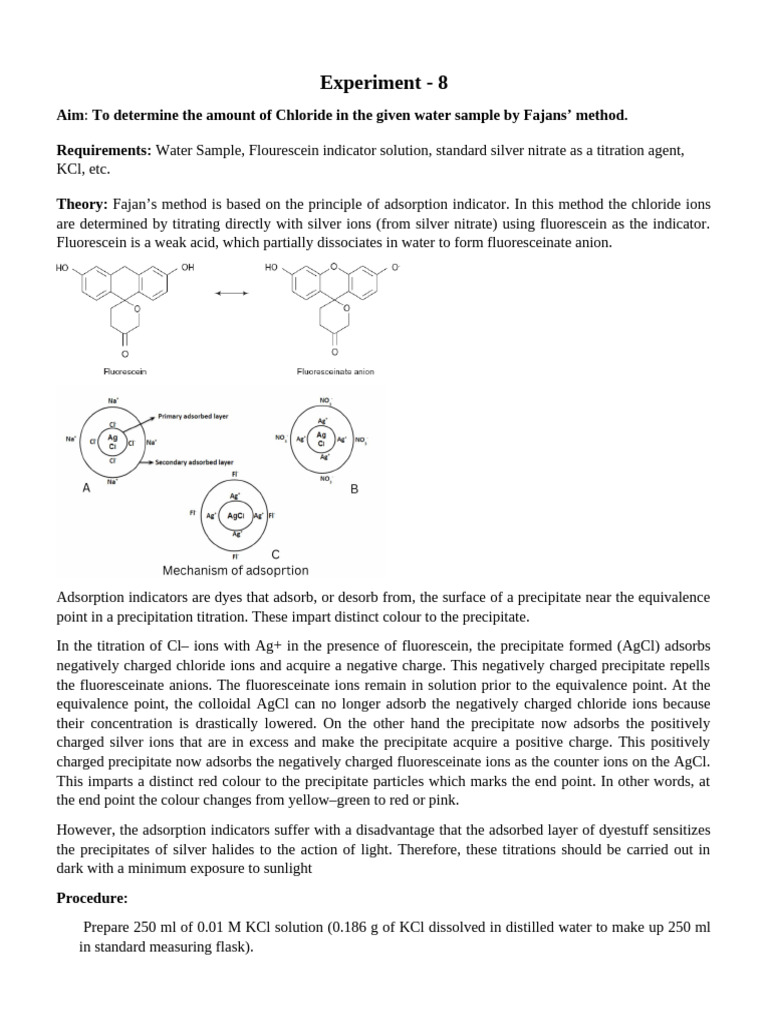 Chloride Determination by Fajans' Method | PDF | Titration | Chemistry