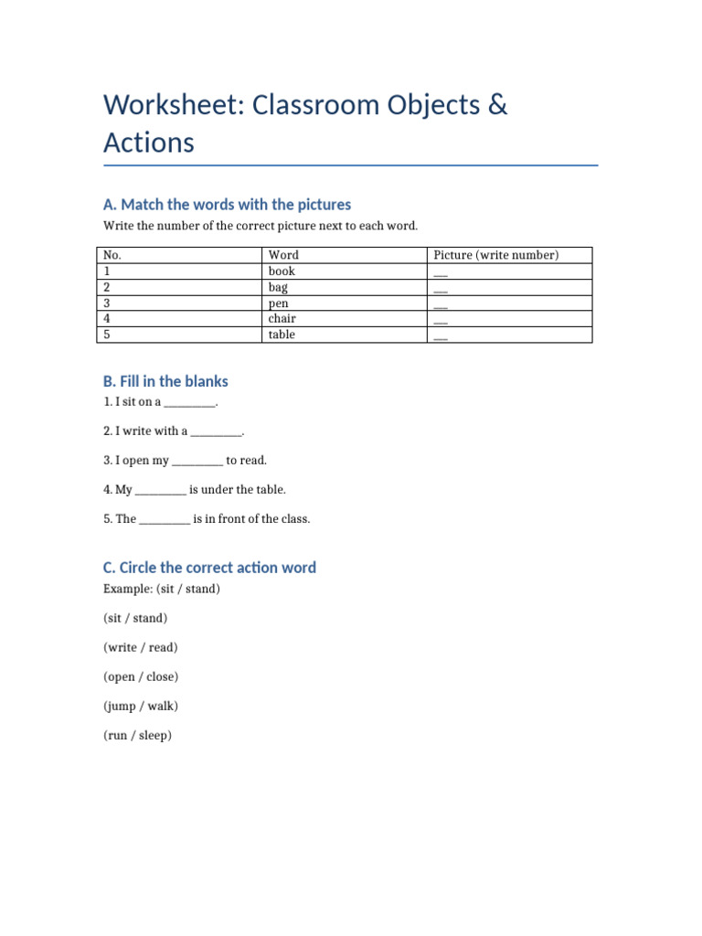 Worksheet Classroom Objects | PDF