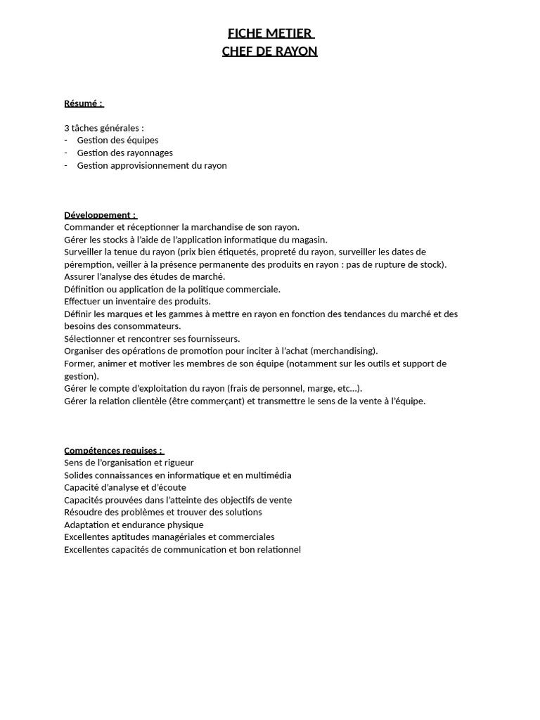 Fiche Métier : Chef de Rayon | PDF