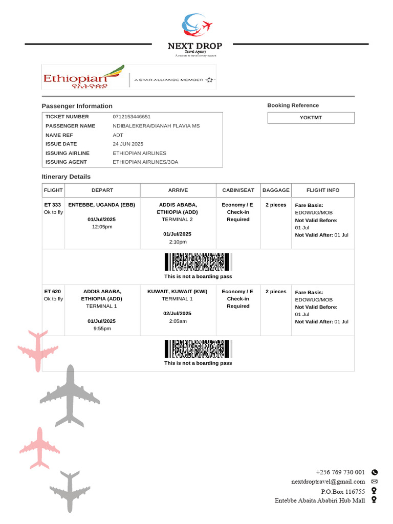 Electronic Ticket Receipt, July 01 for MS DIANAH FLAVIA NDIBALEKERA | PDF