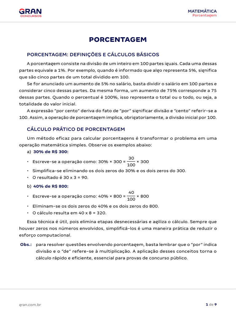 Cálculo e Aplicações de Porcentagem | PDF | Percentagem | Cálculo