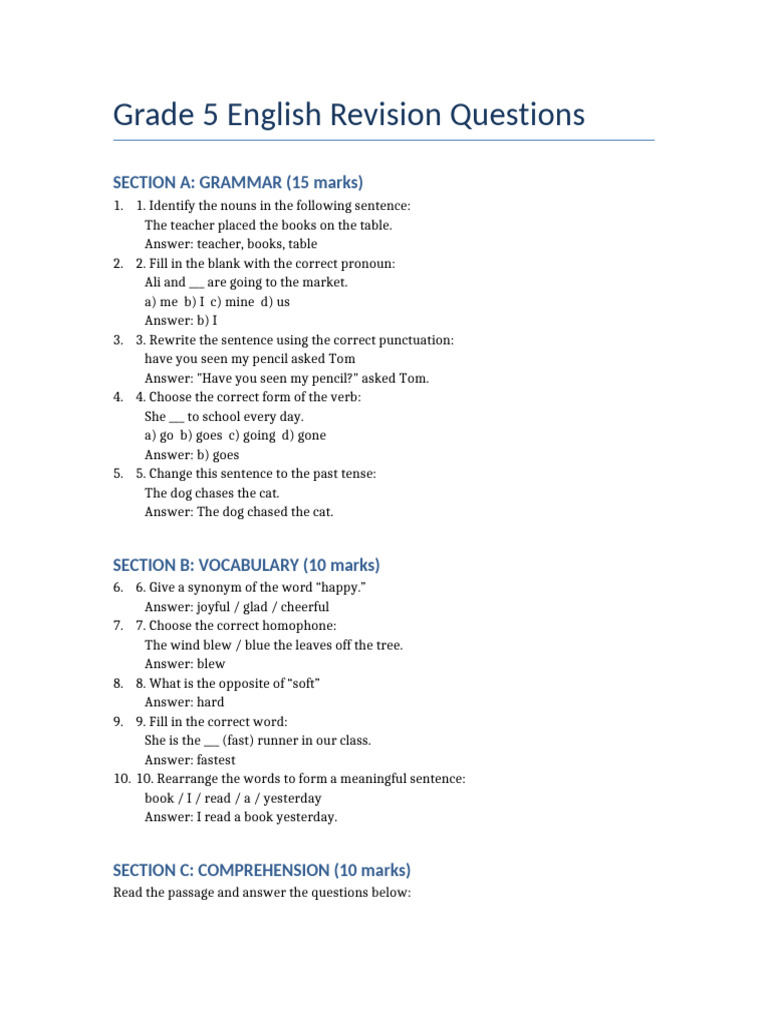 Grade 5 English Revision Questions | PDF | English Language | Languages