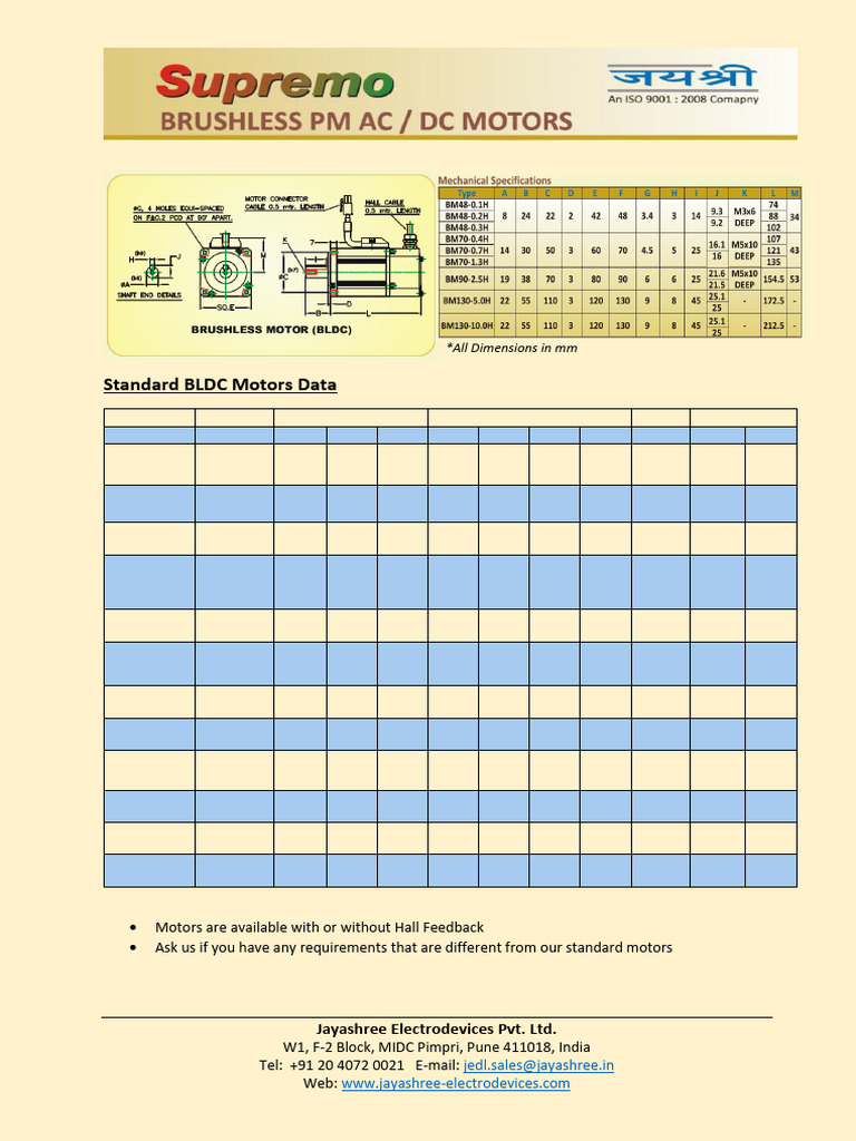 Standard BLDC Motors Specifications | PDF | Volt | Physical Quantities