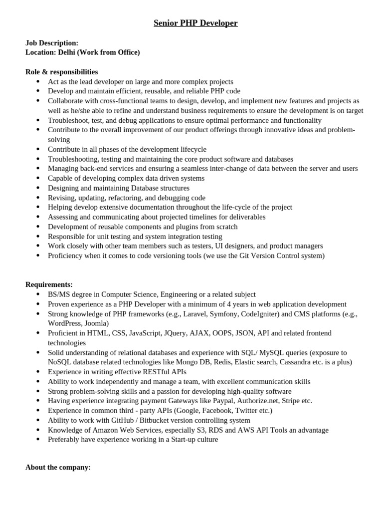 Senior PHP Developer Job in Delhi | PDF | Software Development | Php