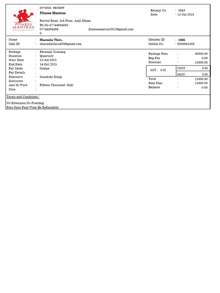 Fitness Mantras Personal Training Invoice | PDF