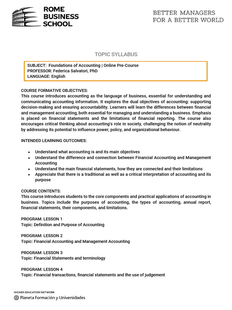 Topic Syllabus - Found of Acc - Pre Course - ENG | PDF